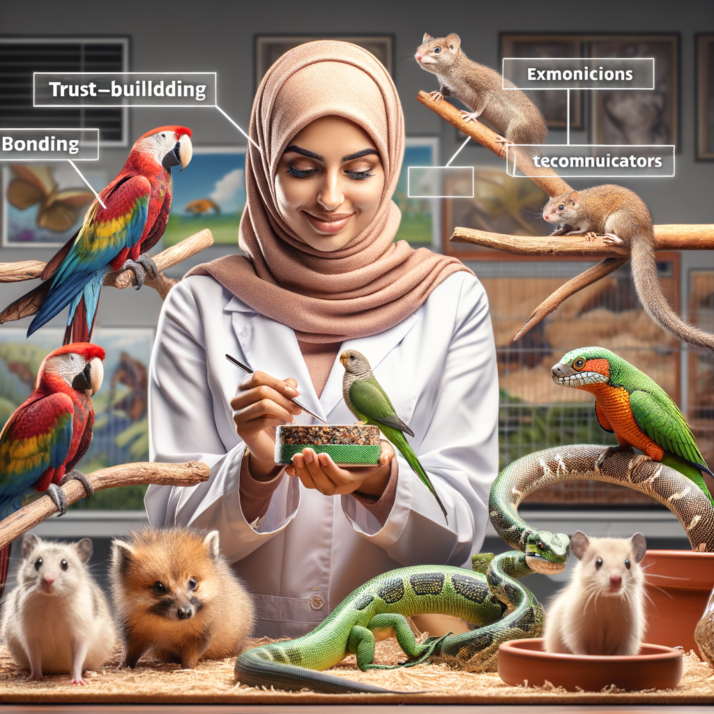 Professional pet handler demonstrating exotic pet bonding techniques, building trust and understanding exotic pet behavior for successful companionship with parrots, reptiles, and small mammals.