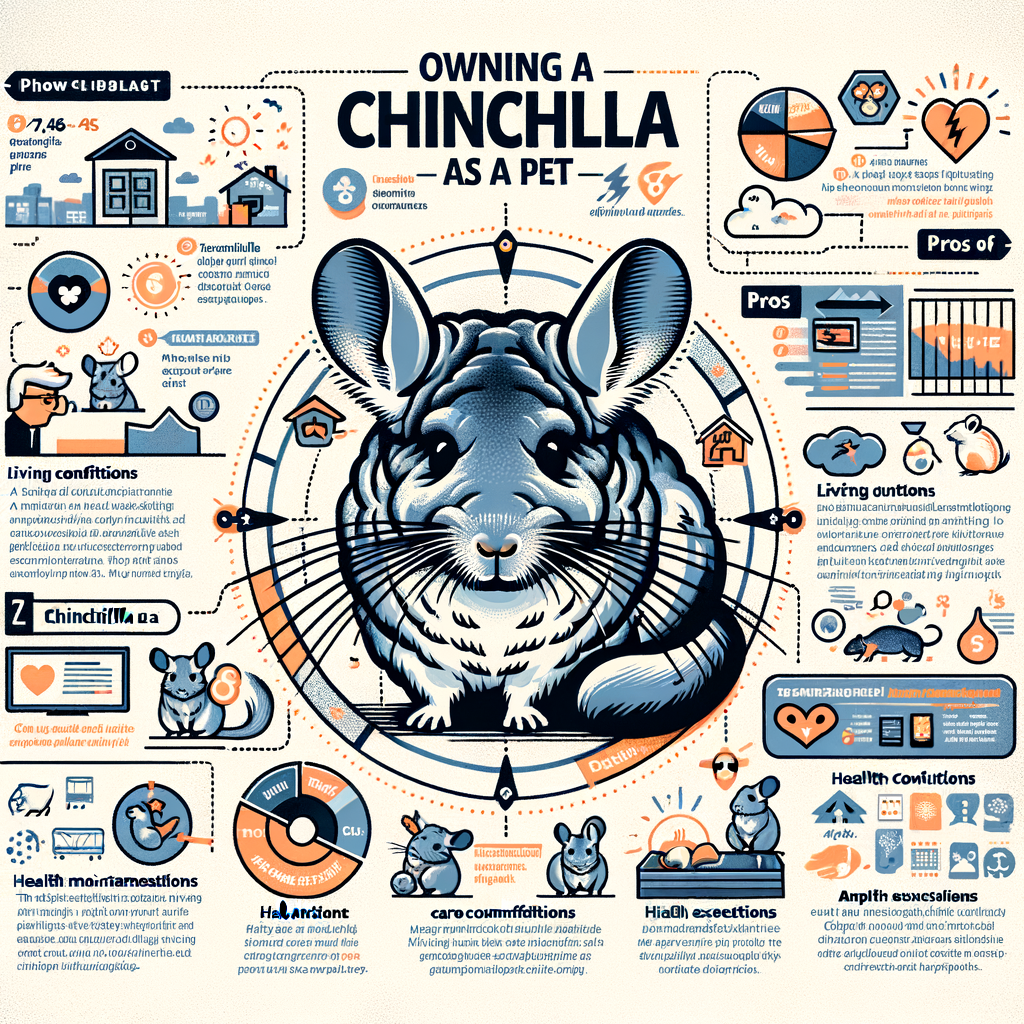 Infographic detailing chinchilla care, diet, habitat, behavior, benefits and drawbacks of chinchilla pet ownership, including maintenance, health issues, and lifespan.