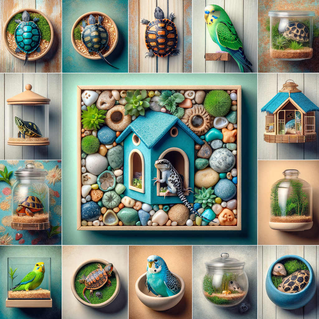 Collection of space-saving exotic pets for small homes including miniature turtles, small parrots, and geckos in compact habitats, ideal for cozy apartments and small spaces.