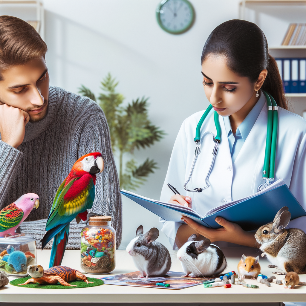 Compassionate veterinarian providing palliative care in an exotic pet hospice, assisting a pet owner with end-of-life options for pets, emphasizing the importance of comfortable decisions for pets and pet bereavement.