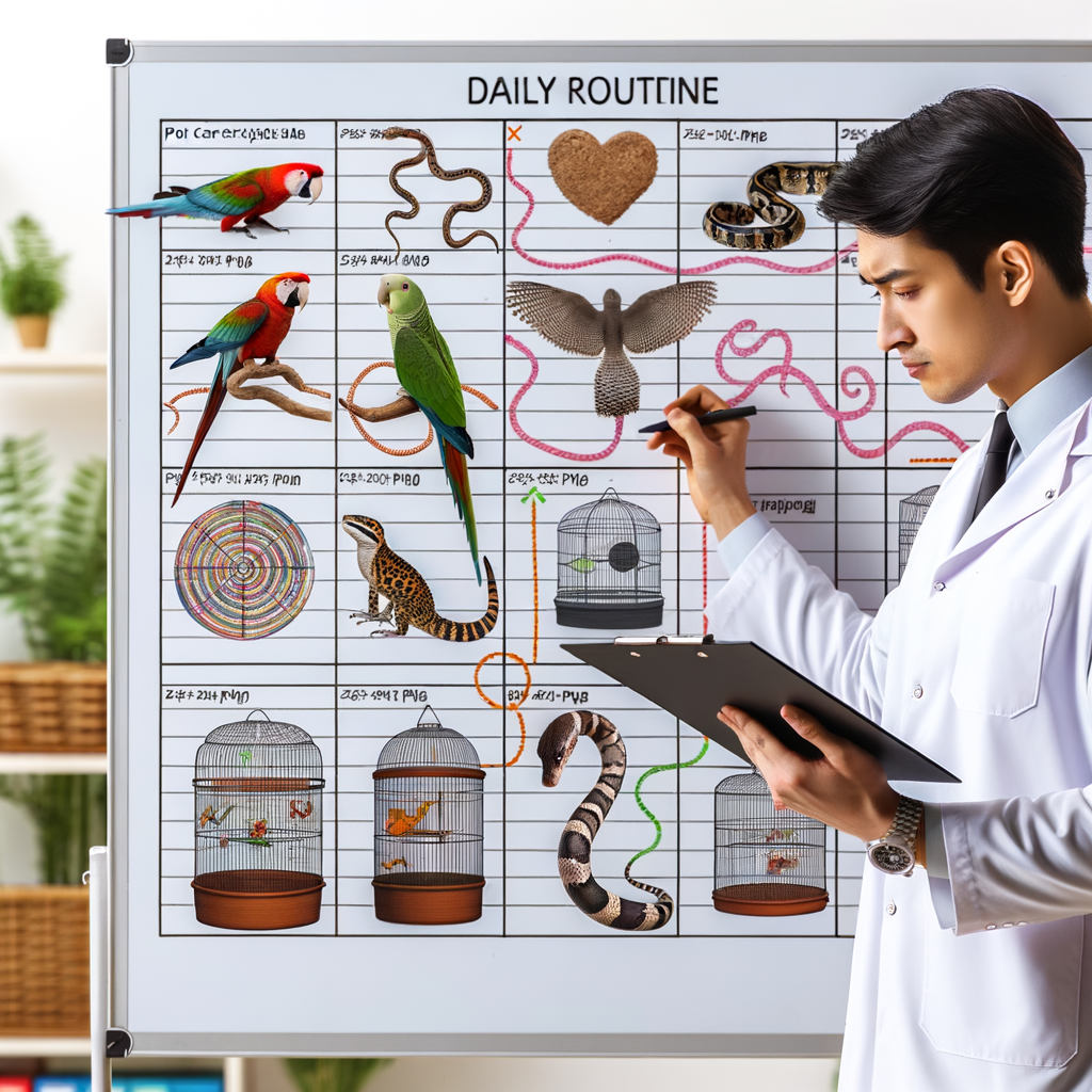 Pet care expert creating a consistent daily routine for exotic pets like parrots, snakes, and iguanas, highlighting the importance of exotic pet maintenance and pet schedule management for a healthy lifestyle.