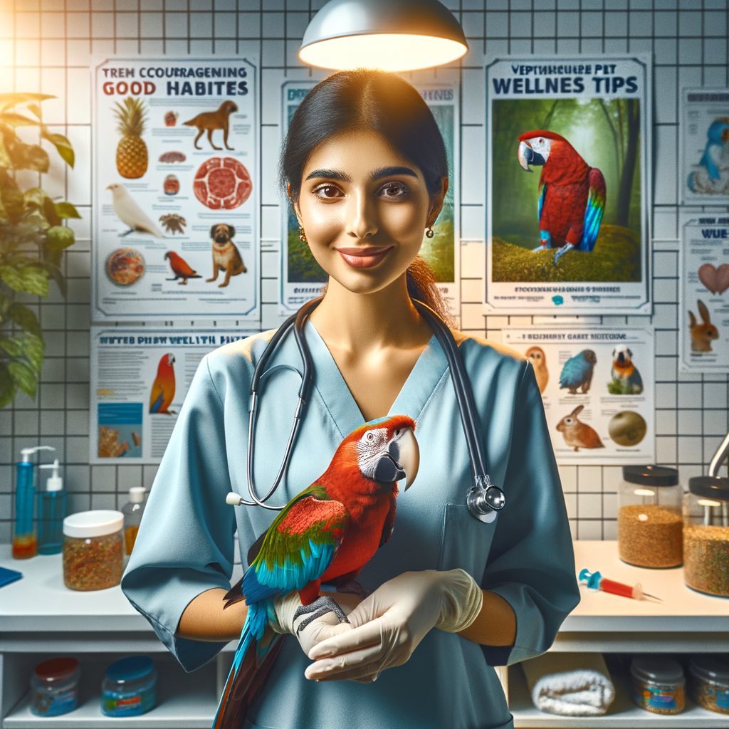 Veterinarian demonstrating exotic pet care and wellness routine with a parrot, promoting good habits for pets and exotic animal health in a well-equipped clinic, emphasizing the importance of establishing a pet health routine for exotic pet maintenance.