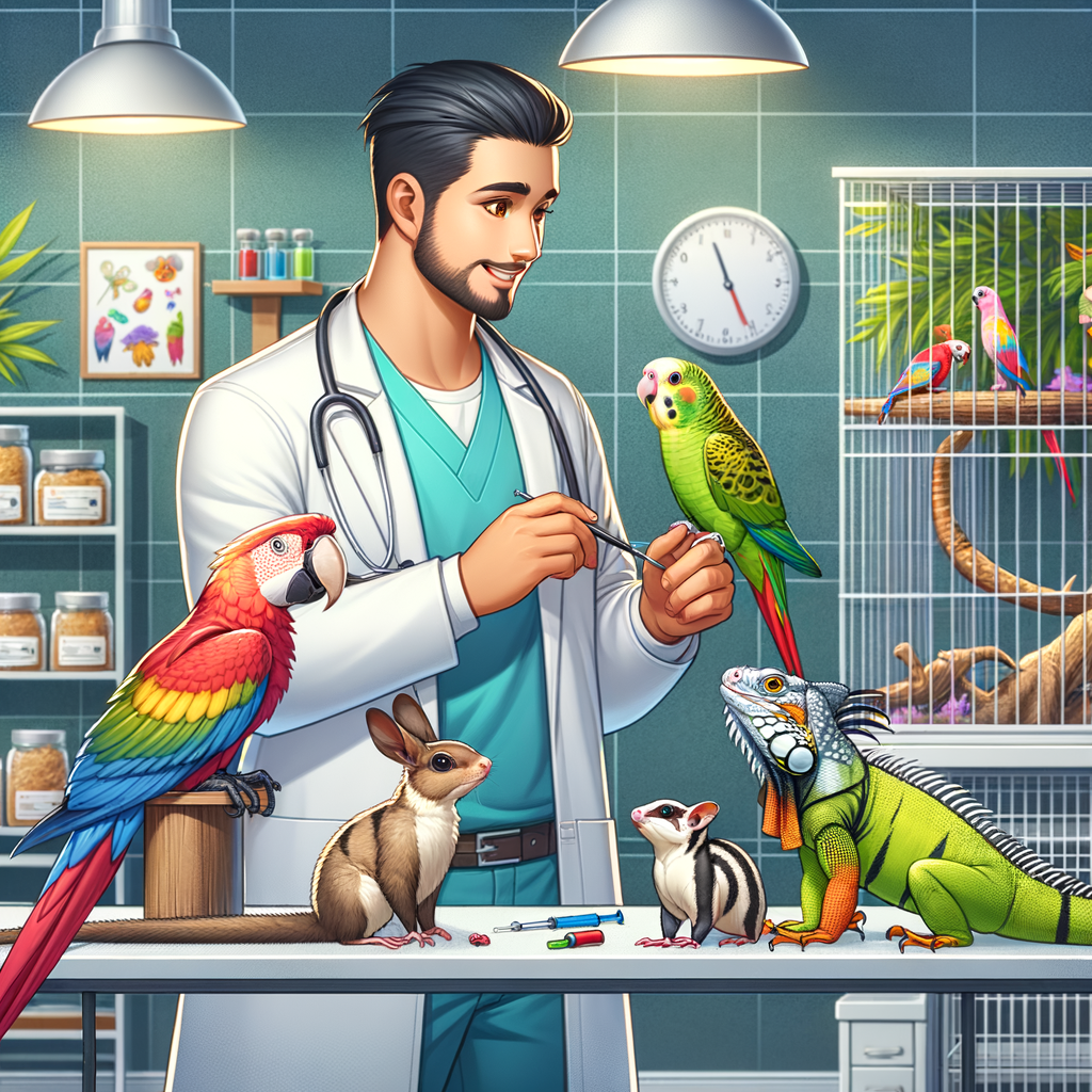 Veterinarian understanding pet personalities and exotic pet behavior patterns while caring for a parrot, iguana, and sugar glider in an exotic pet care clinic