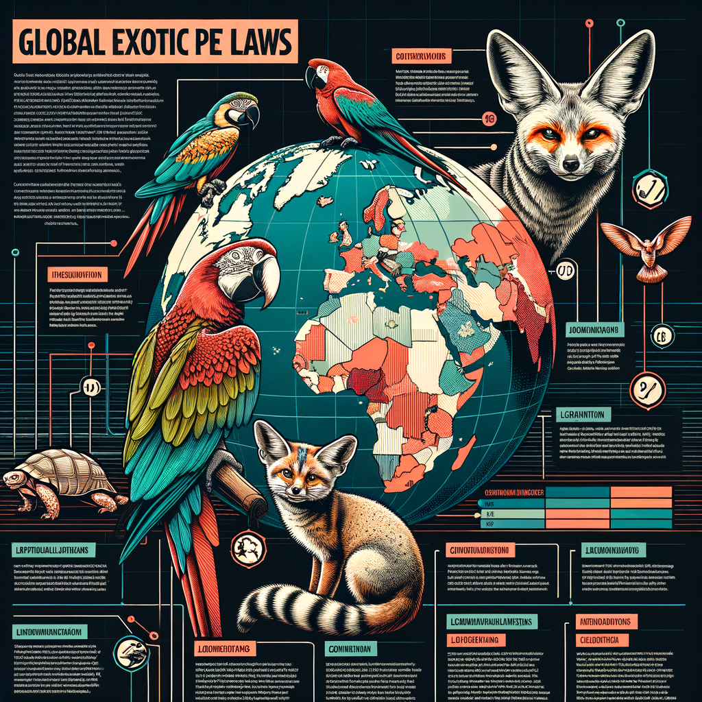 Infographic illustrating exotic pet laws and ownership regulations globally, emphasizing the legalities and compliance requirements for owning exotic pets.