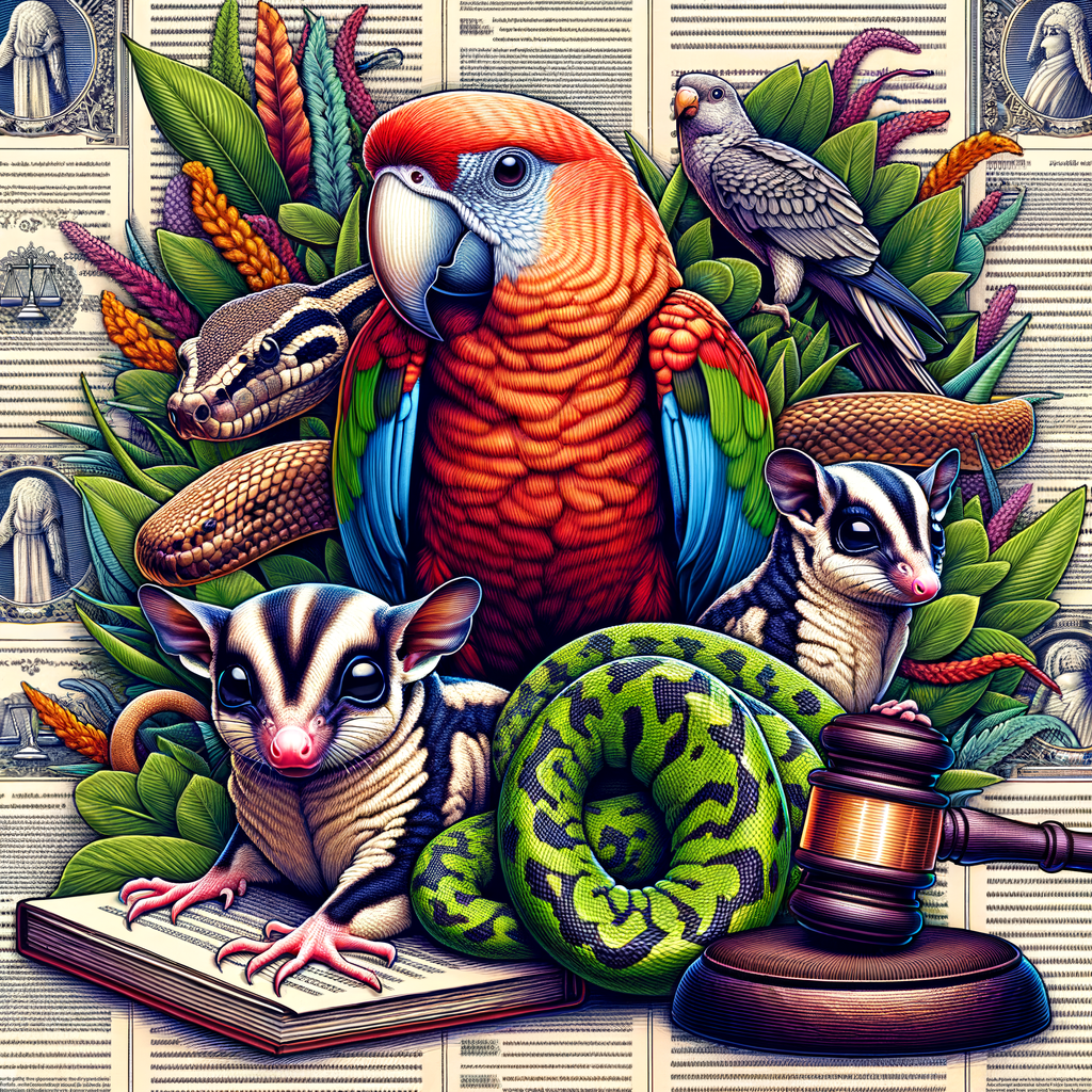 Exotic pets like parrot, snake, and sugar glider on legal documents, representing exotic pet laws and regulations for ownership