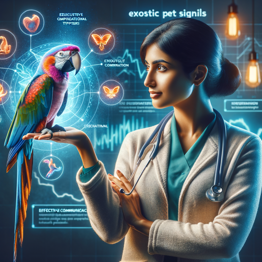 Vet interpreting exotic pet signals from a colorful parrot, with infographics on exotic pet behavior and communication tips in the background