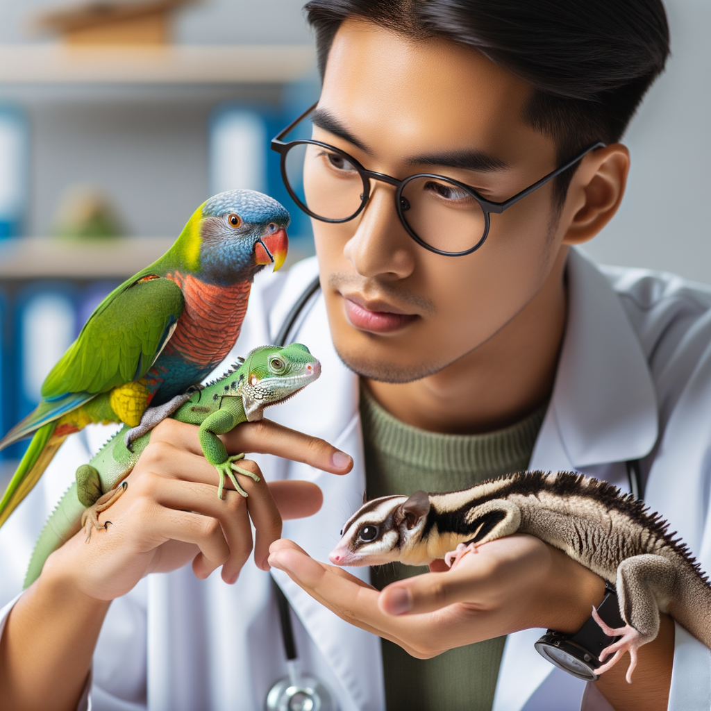 Professional pet trainer demonstrating exotic pet care and training techniques, interpreting pet signals and understanding exotic pet behavior signals from a parrot, iguana, and sugar glider for effective communication with exotic pets.