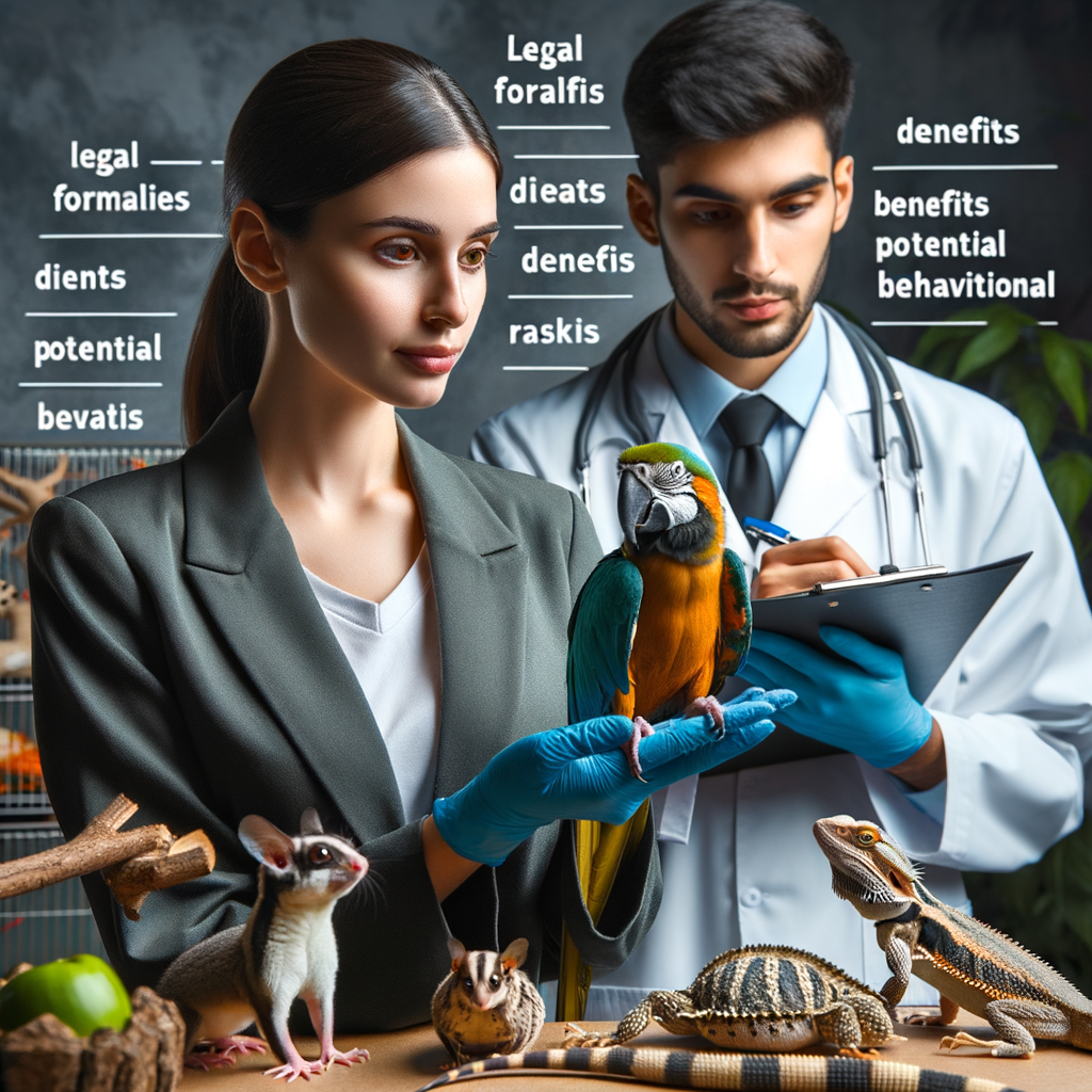 Veterinarian providing exotic pet care, demonstrating legalities, health, behavior, diet, and risks and benefits of owning various types of exotic pet species in a well-equipped habitat.