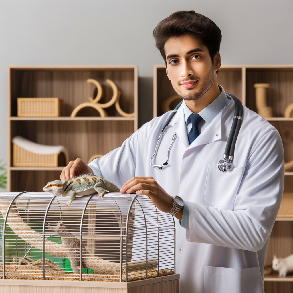 Veterinarian arranging a safe, well-equipped exotic pets habitat, demonstrating proper care, maintenance and safety tips for exotic pets' protection and safe keeping.