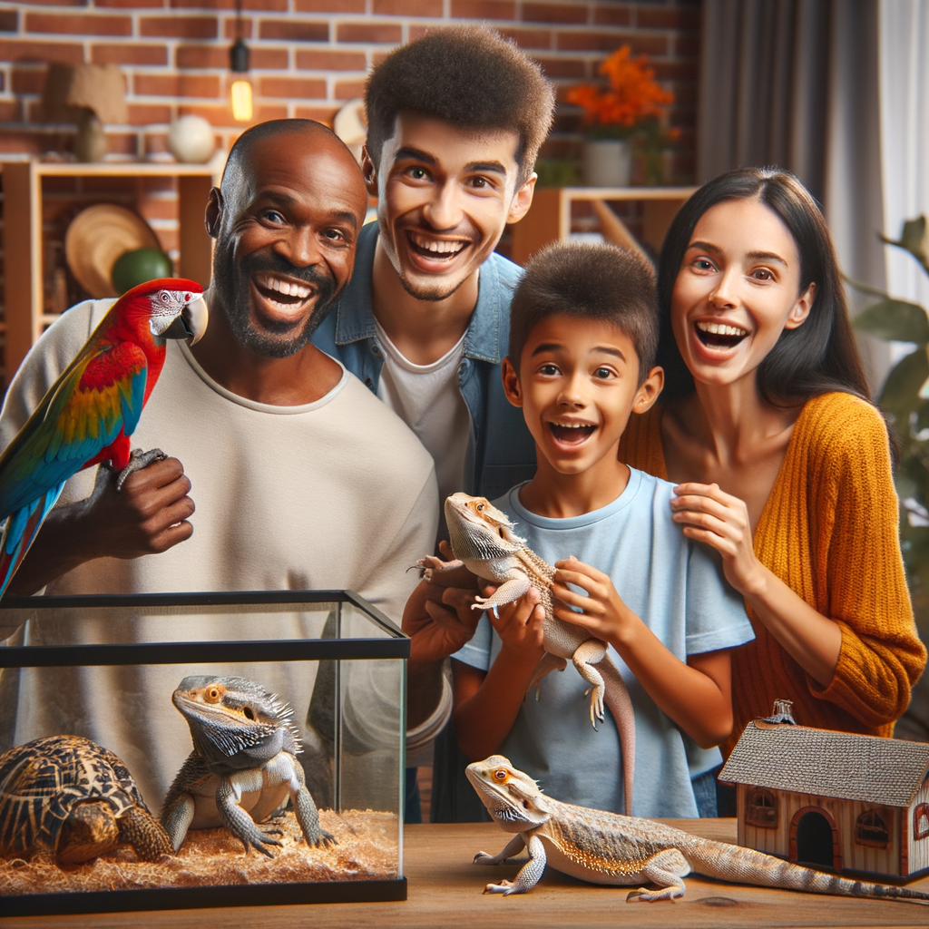 Joyful family interacting with best family-friendly exotic pets including a parrot, bearded dragon, and hedgehog in a cozy home setting, showcasing safe exotic pet care essentials for beginners