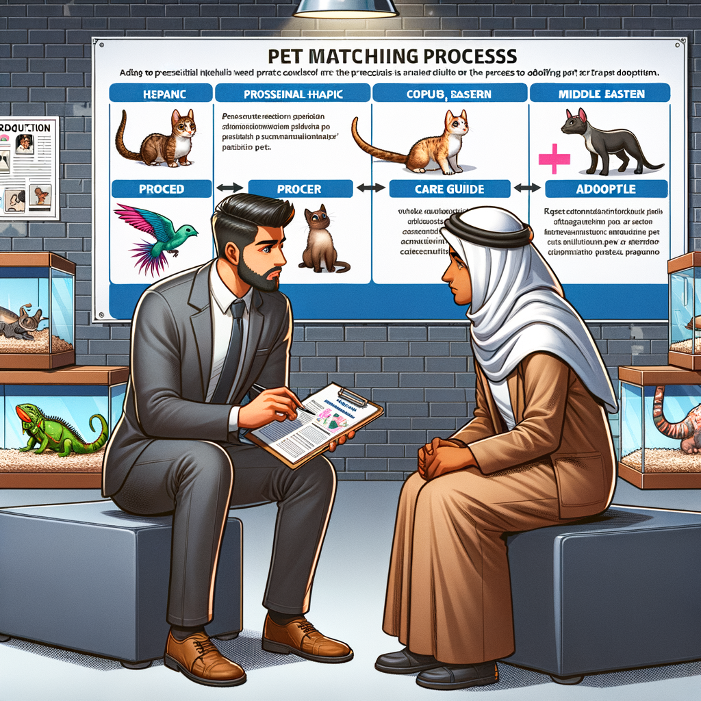 Pet adoption counselor assisting potential owner in the exotic pet adoption process, showcasing various exotic pets for adoption, pet matching process chart, and adoption procedures documents, highlighting the journey of finding the perfect pet.