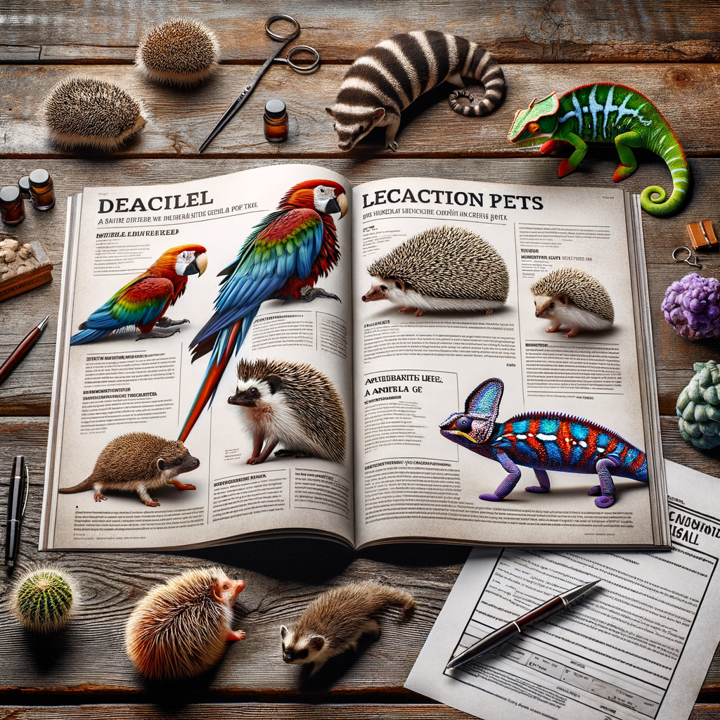 Open guidebook featuring exotic pets for sale, tips on choosing the best exotic pets, understanding their needs, and ensuring compatibility, with a legal document on exotic pet ownership and a beginner's care kit in the background.