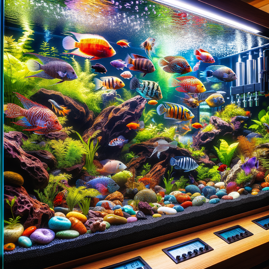 Exotic fish aquarium setup showcasing vibrant species and essential fish tank equipment for optimal aquarium maintenance and exotic aquarium fish care.
