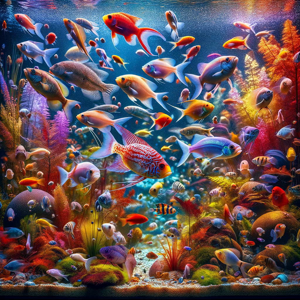 Rare exotic fish species, including unusual freshwater and saltwater aquatic pets, swimming in a unique aquarium tank, showcasing unique fish tank ideas and emphasizing on exotic fish care.