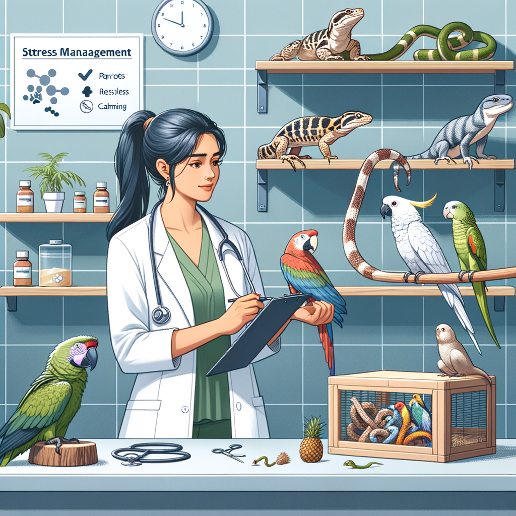 Veterinarian demonstrating stress management in exotic pets like parrots, snakes, and iguanas, recognizing pet stress symptoms and providing anxiety relief in a well-lit clinic for optimal exotic pet care.