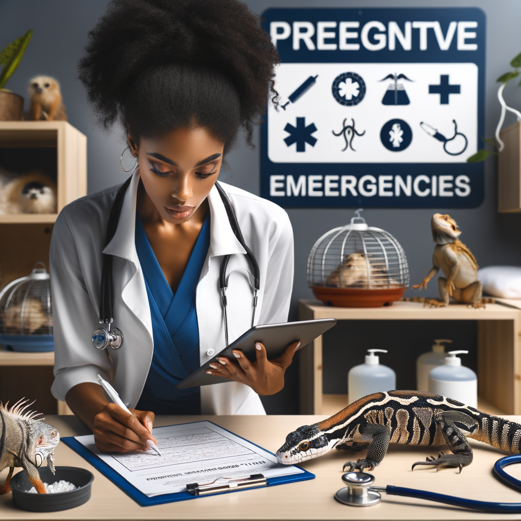 Veterinarian preparing an exotic pet emergency plan in a clinic, showcasing pet safety measures and tools for unexpected pet situations, emphasizing the importance of emergency preparedness for unusual pets.