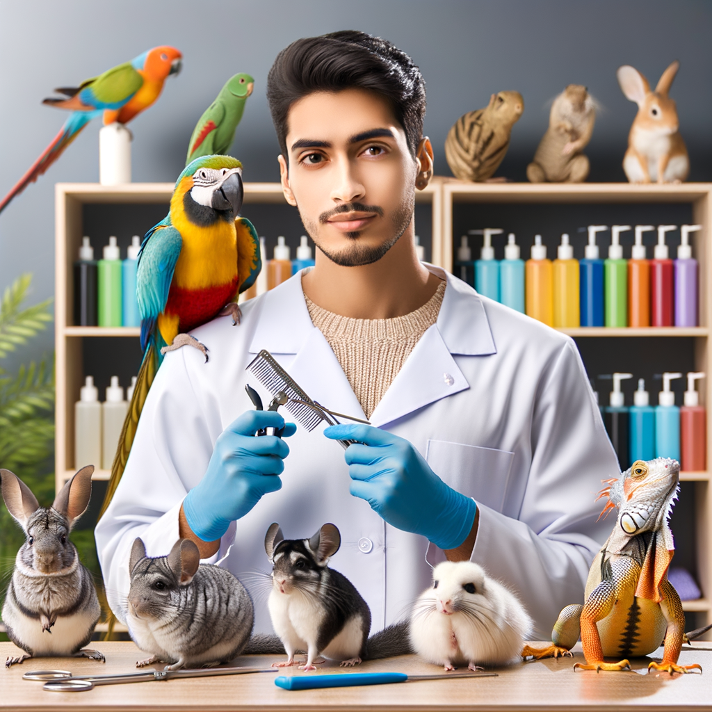 Professional pet groomer providing essential grooming and hygiene care for exotic pets, highlighting the importance of pet health and cleanliness in exotic pet maintenance.
