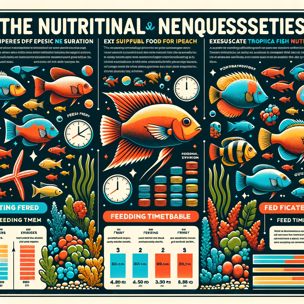Infographic detailing exotic fish diet, aquarium fish nutrition, and a tropical fish feeding guide, showcasing the best food and feeding schedule for various species for optimal exotic fish care.