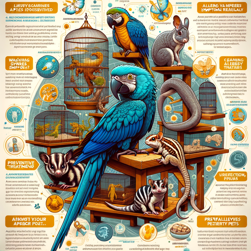Infographic detailing allergies from exotic pets, their symptoms, prevention methods, treatments, and allergy care tips for allergy-free exotic pets.