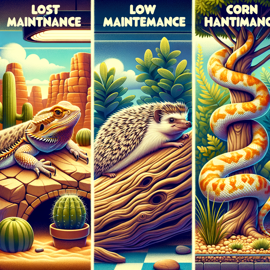 Low maintenance exotic pets like bearded dragon, hedgehog, and corn snake in their habitats, ideal for busy owners seeking easy to care, time-saving animal companions for active lifestyles.