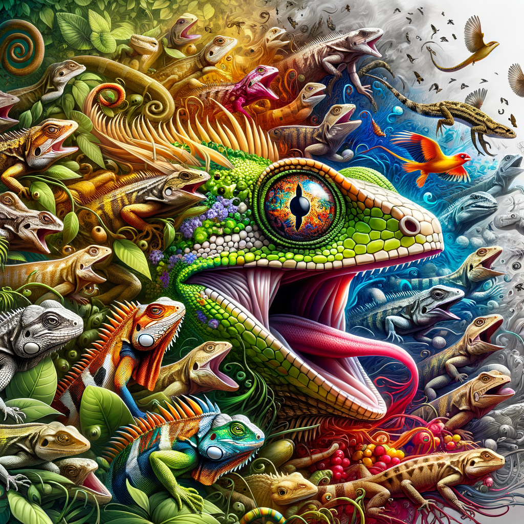 Vibrant depiction of exotic reptile species in their natural habitat, illustrating unique behaviors, diverse diets, rare breeds, and aspects of exotic reptile care and conservation, perfect for those interested in keeping exotic reptiles.
