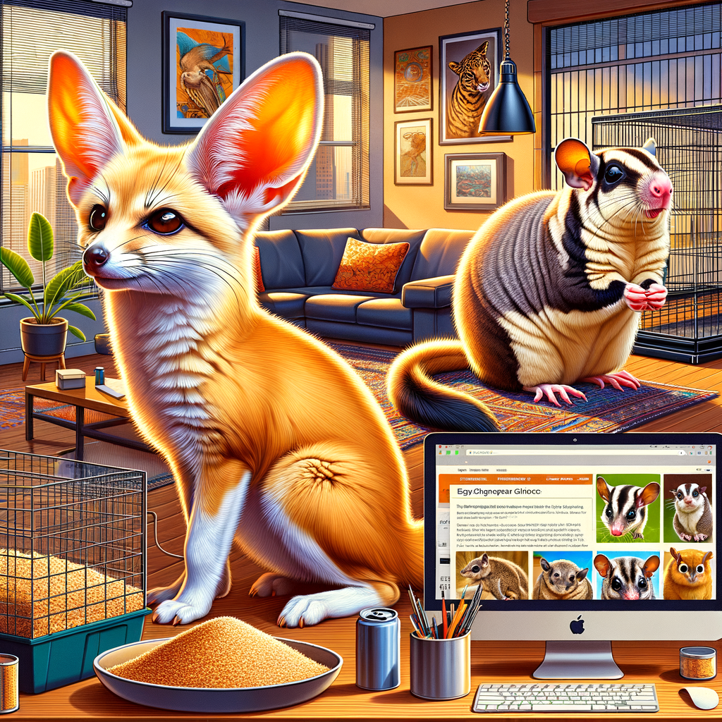 Uncommon pets like a Fennec Fox, Capybara, and Sugar Glider in a home, illustrating the unique aspects of exotic pet ownership, care for exotic pets, and legalities of owning rare exotic animals.
