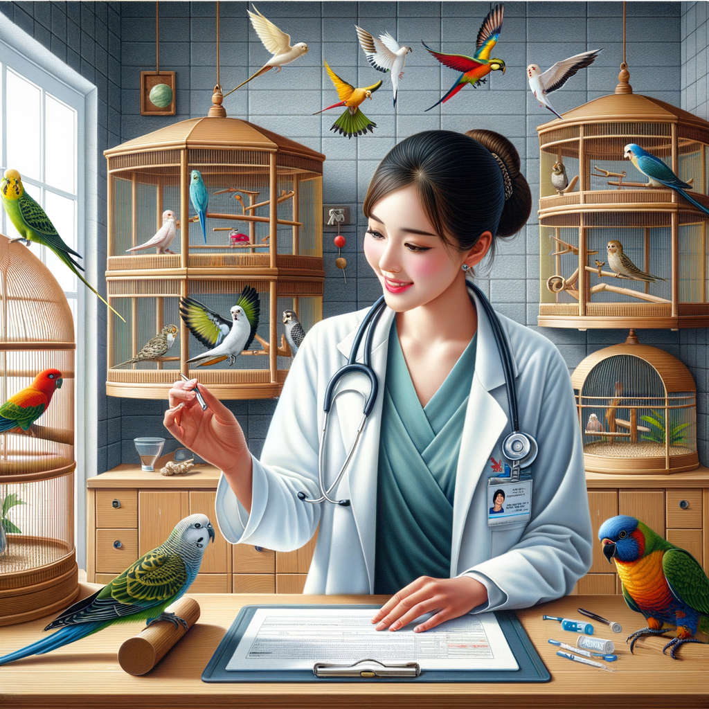 Veterinarian providing specialized exotic bird care, demonstrating bird care tips and training techniques, focusing on pet bird species health, diet, and behavior in a well-equipped habitat for potential owners considering choosing an exotic bird as a pet.