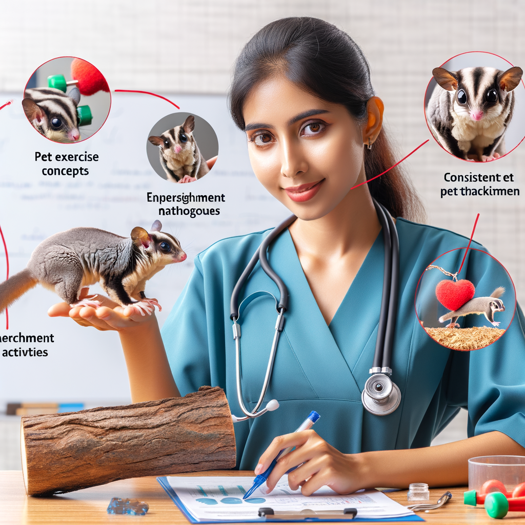 Veterinarian demonstrating exotic pet care with playful sugar glider, providing pet exercise tips and guidelines for exotic pets, emphasizing the importance of exotic pet playtime, activity, training, behavior, wellness, and enrichment activities.