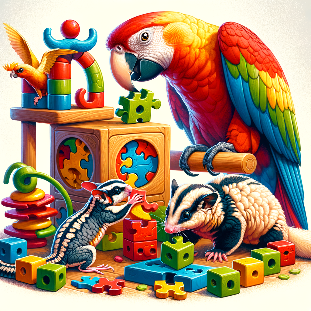 Exotic pet entertainment with a parrot, sugar glider, and bearded dragon engaging in pet playtime ideas like puzzle toys and climbing structures, showcasing fun and enrichment activities for keeping exotic pets entertained.