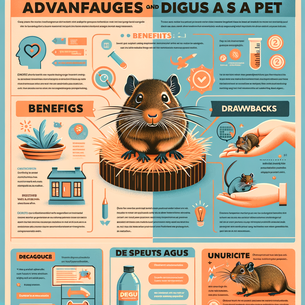 Infographic detailing Degu pet care, benefits and drawbacks of Degu ownership, and advice for raising a Degu, with a happy Degu in a well-maintained habitat illustrating positive Degu pet experiences.