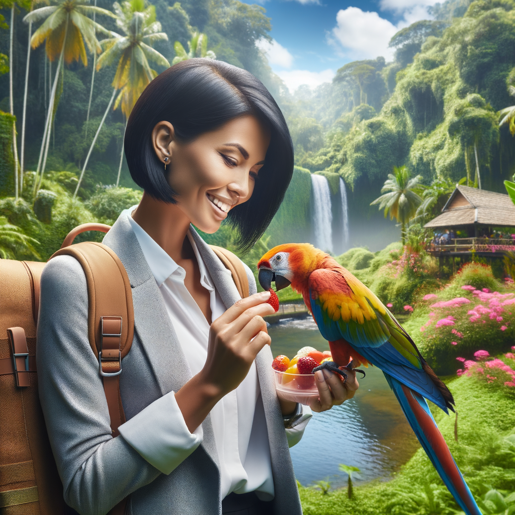 Travel enthusiast joyfully exploring a tropical landscape with their travel-friendly exotic pet, showcasing best practices for traveling with such pets