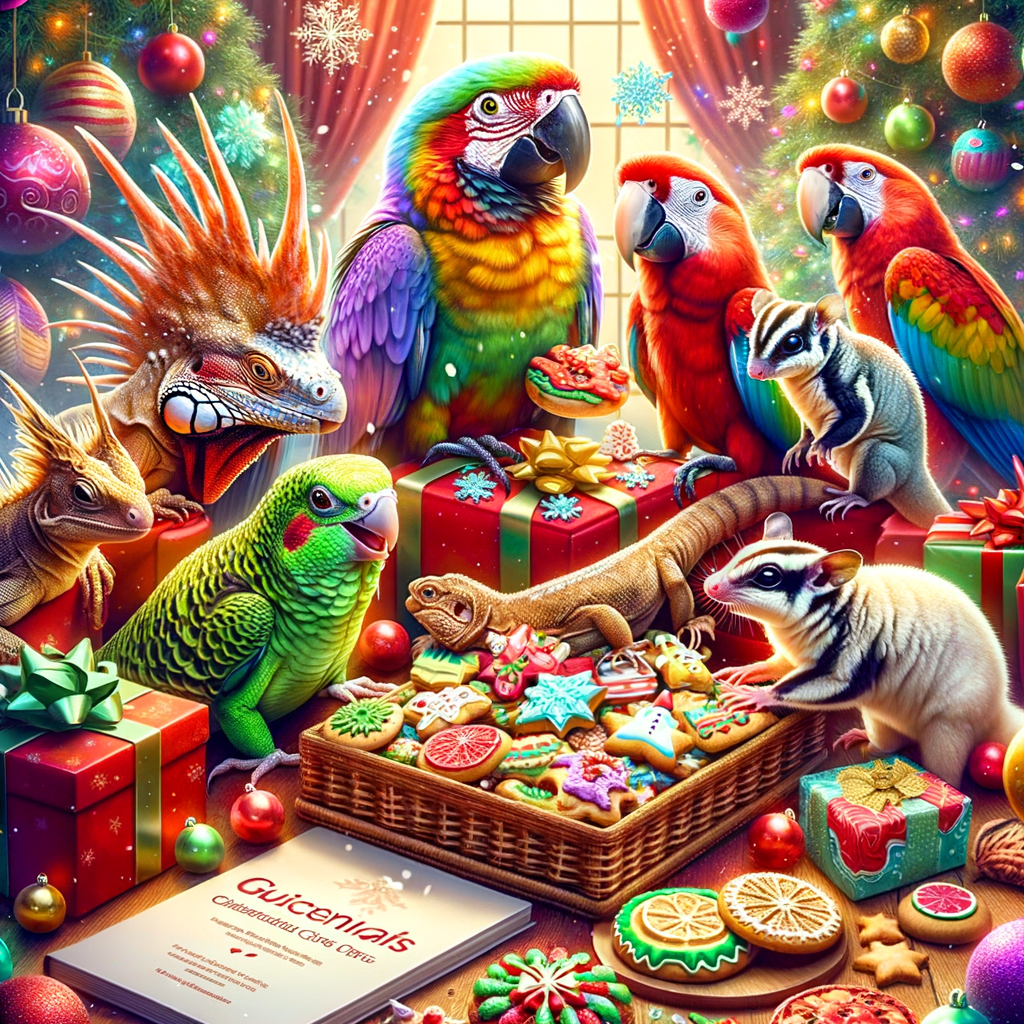 Exotic pet festivities with parrots, iguanas, and sugar gliders enjoying festive treats and engaging in holiday activities for pets, showcasing pet-friendly holiday celebrations and exotic pet care during holidays.