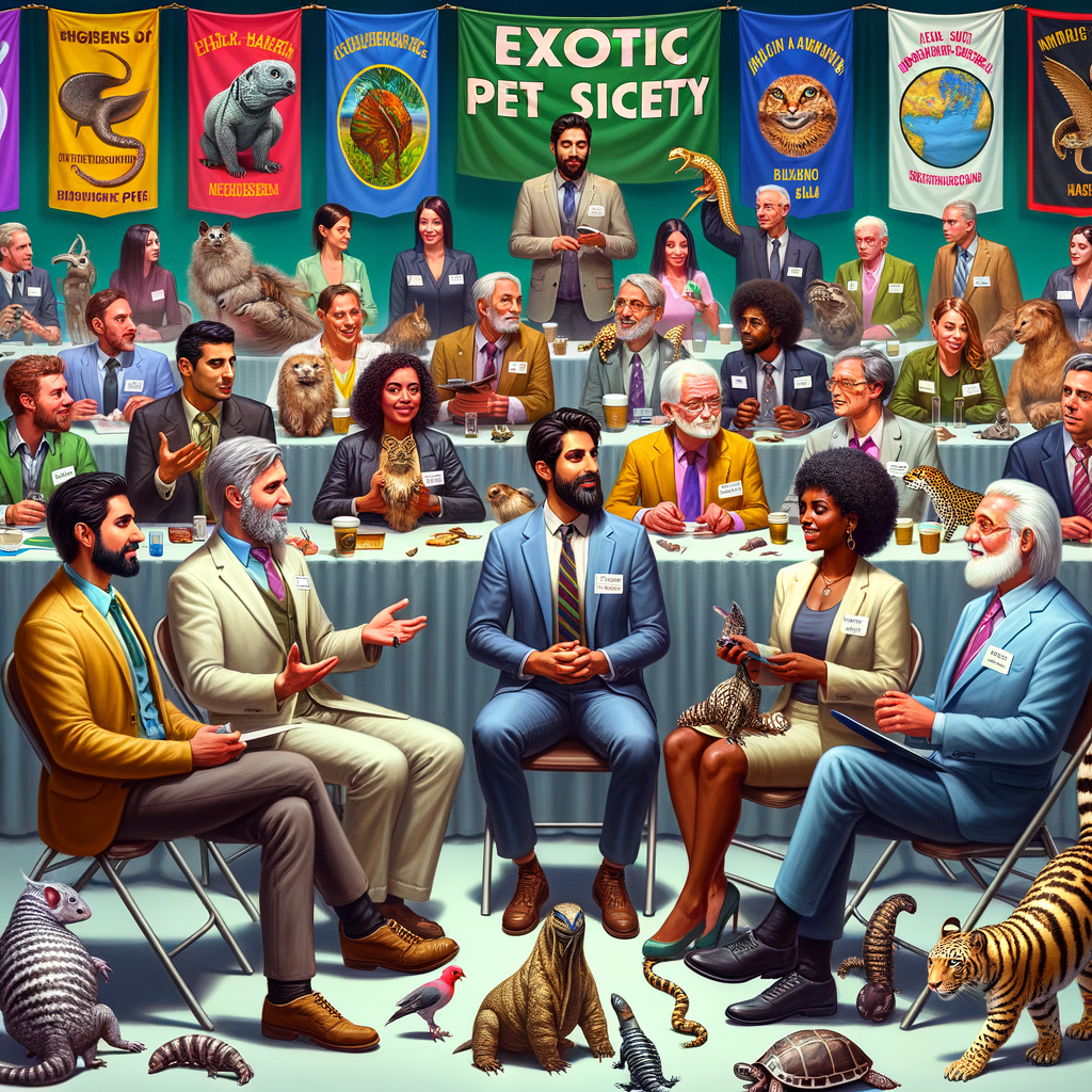 Exotic pet owners engaging in vibrant discussions at a professional exotic pet society meeting, showcasing unity among exotic animal enthusiasts and the essence of exotic pet networking.