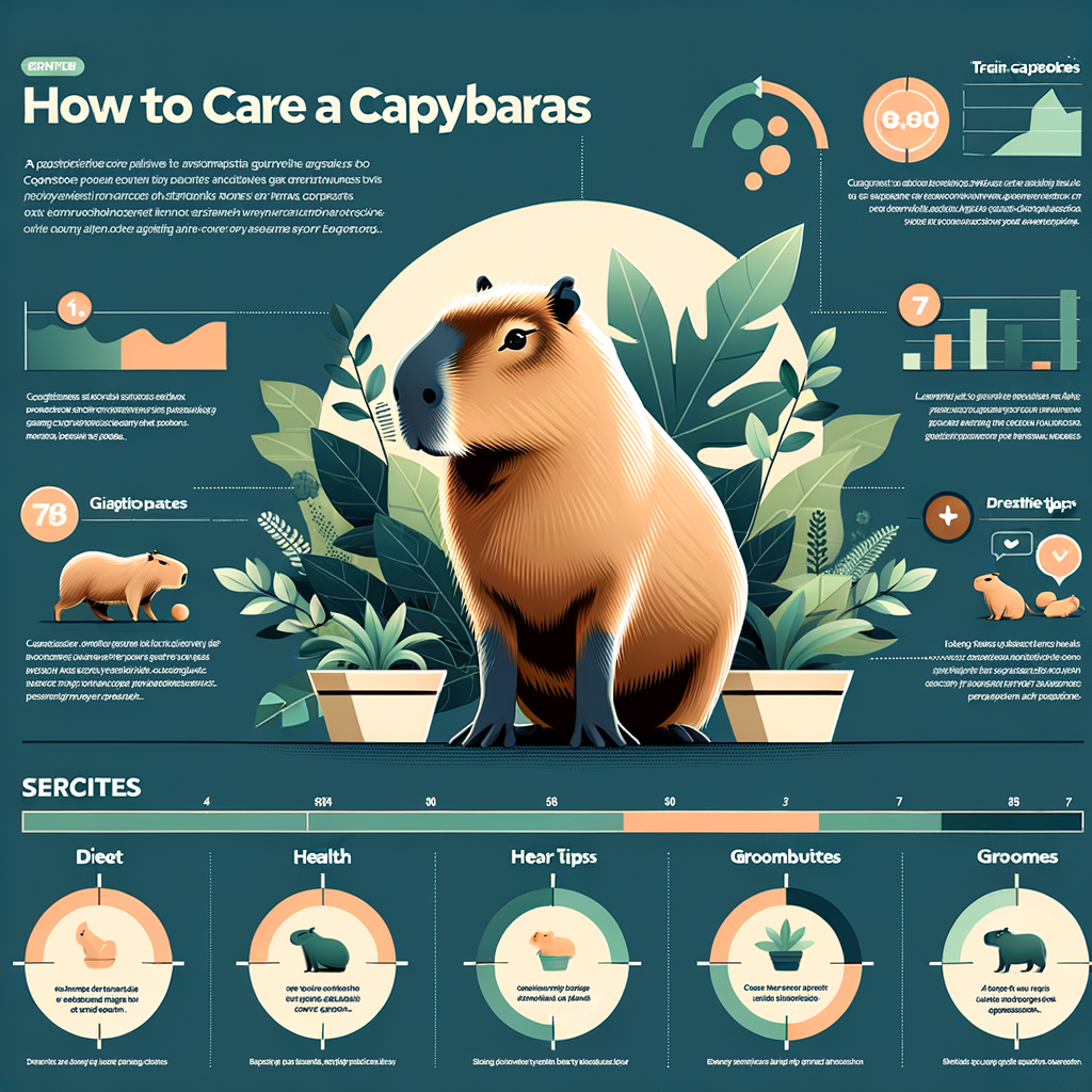 Infographic providing a comprehensive capybara care guide, including diet, health tips, habitat setup, grooming, behavior, and tips for raising and training capybaras.