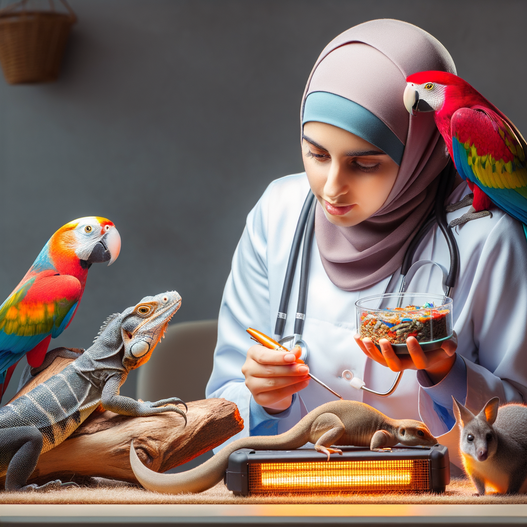 Exotic pet caregiver demonstrating responsibilities like feeding a parrot, monitoring reptile health, and studying marsupial behavior, highlighting the importance of meeting pet needs, exotic pet maintenance, and special pet care.