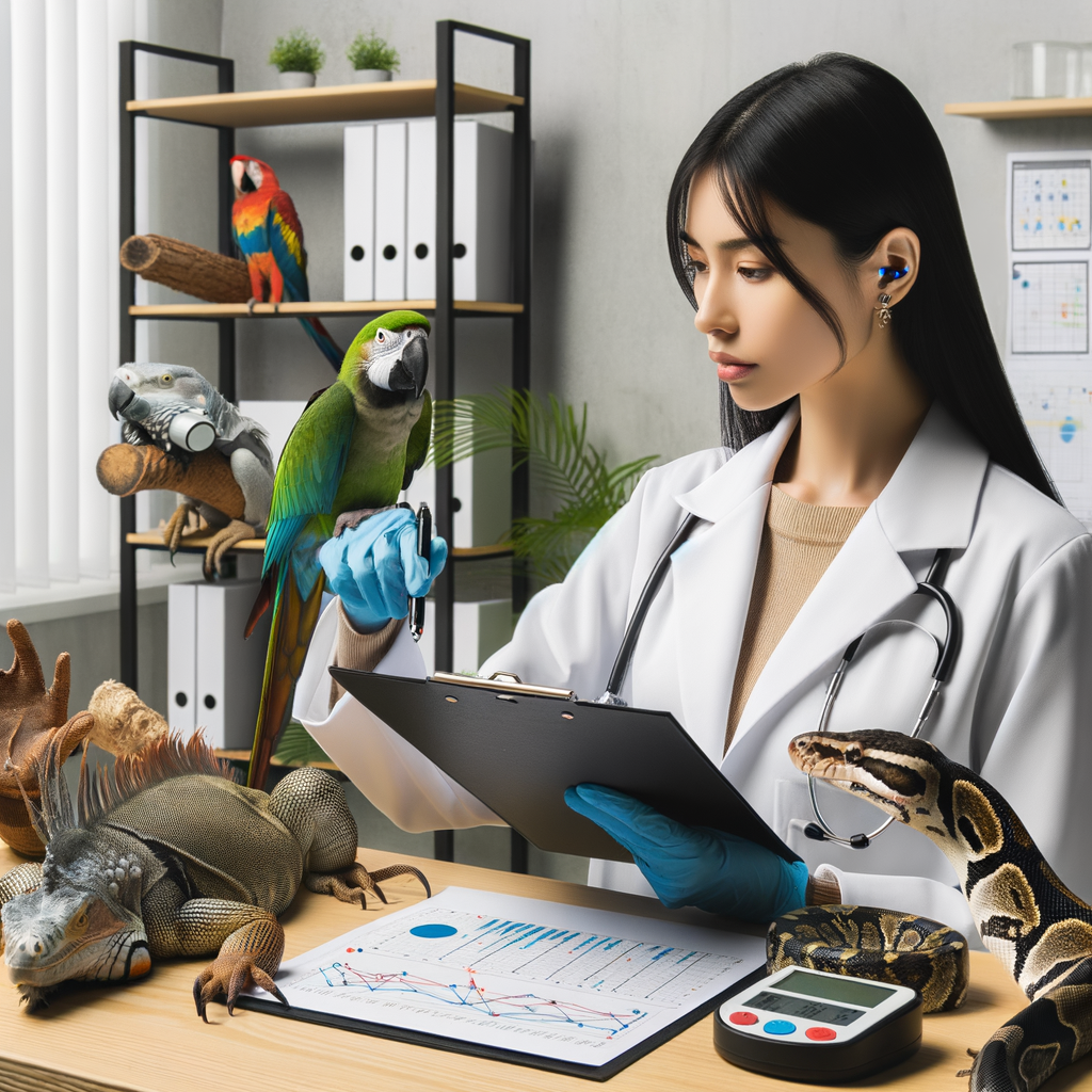 Professional pet behaviorist using advanced tools for monitoring and understanding exotic pet behavior patterns, demonstrating exotic pet care and training techniques, and providing solutions for exotic pet behavior issues.