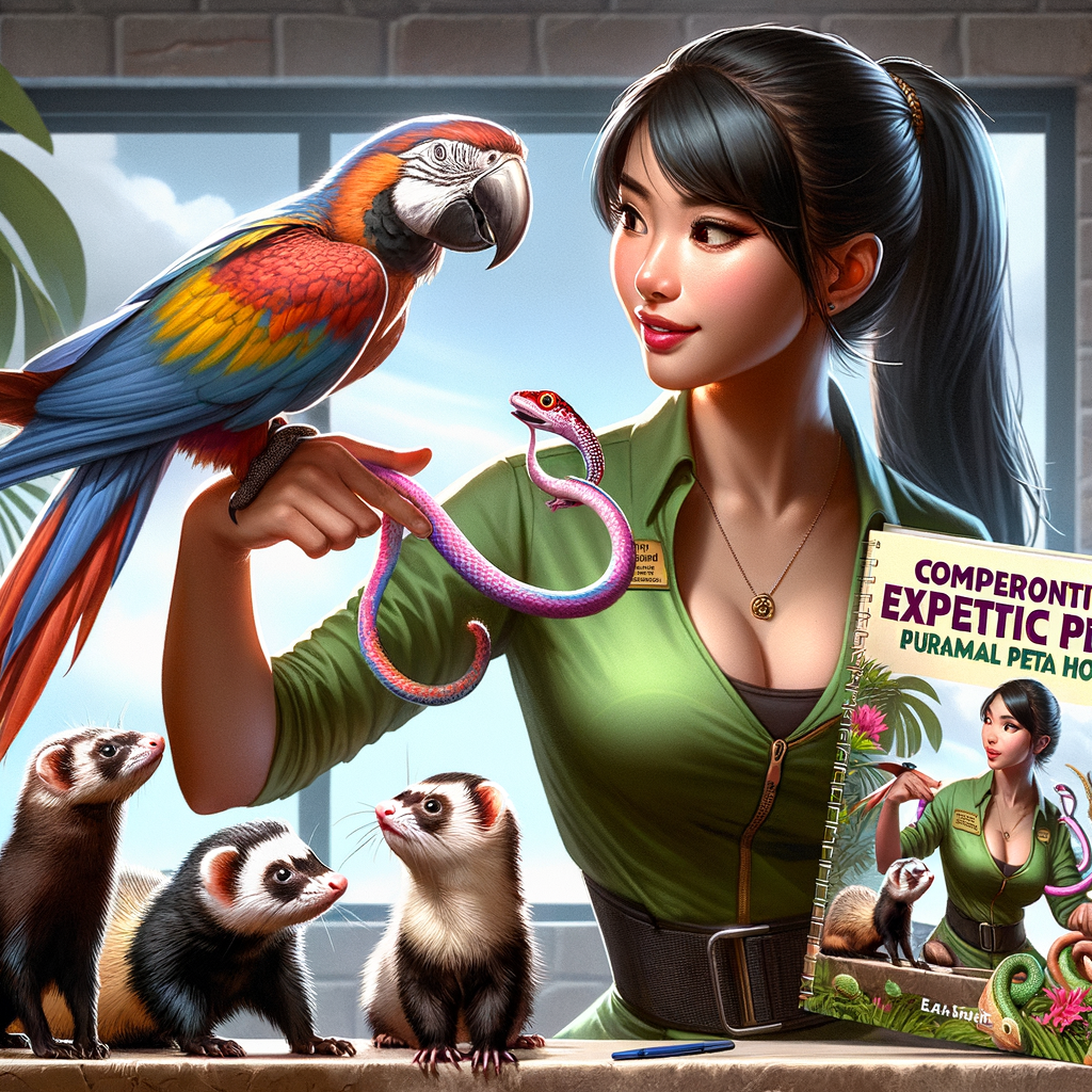 Professional animal trainer demonstrating exotic pet training techniques with parrot, monkey, and ferret, showcasing exotic animal behavior management and pet handling, with companion animal care guide book for reference.