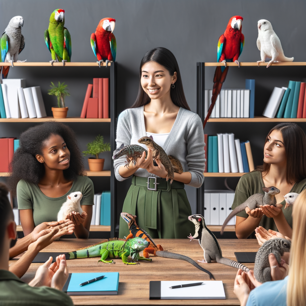Professional pet trainer teaching exotic pet care, handling, and behavior management techniques to pet owners with parrots, iguanas, and sugar gliders, surrounded by a bookshelf of exotic pet care guides and training tips.