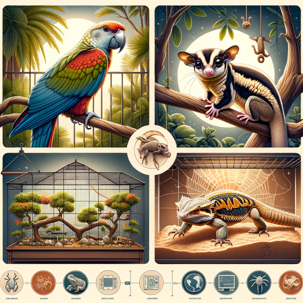 Exotic Animals Guide featuring Common Exotic Pets like a parrot, sugar glider, bearded dragon, and tarantula with informative infographics on Exotic Animal Care, Ownership, and Species Information.