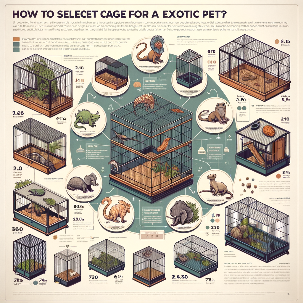 Infographic illustrating the process of choosing the right size and type of exotic pet cages, featuring a pet enclosure size guide, examples of best pet enclosures, and custom indoor exotic pet habitats.