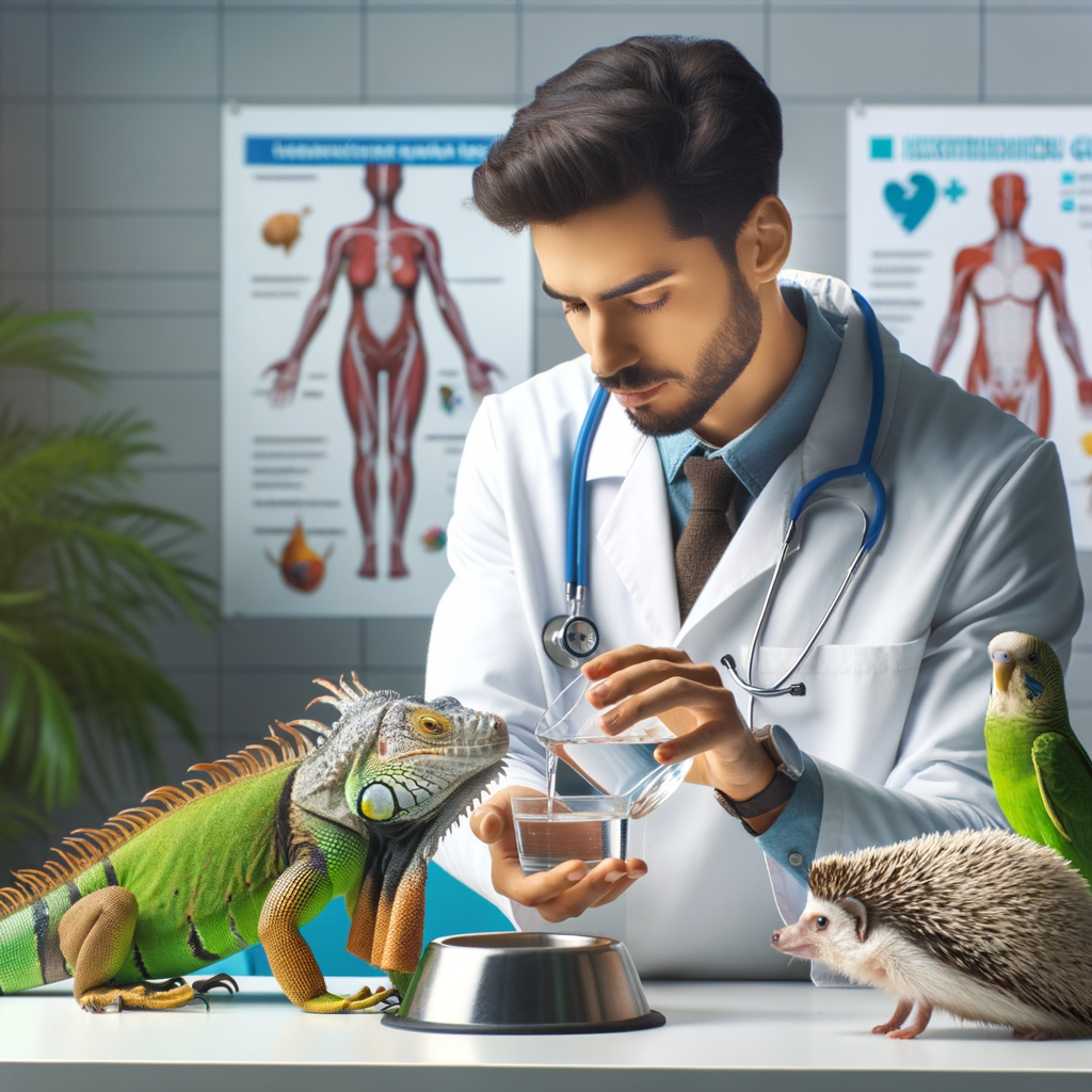 Veterinarian demonstrating exotic pet care, ensuring pet hydration for a parrot, iguana, and hedgehog, highlighting the importance of proper water intake for pets and the water requirements for exotic pet health.