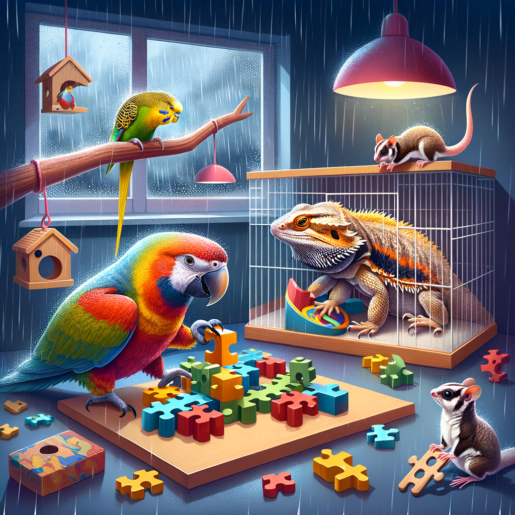 Exotic pets like a parrot, bearded dragon, and sugar glider enjoying indoor activities and enrichment games on a rainy day, showcasing ideas for exotic pet care and entertainment.