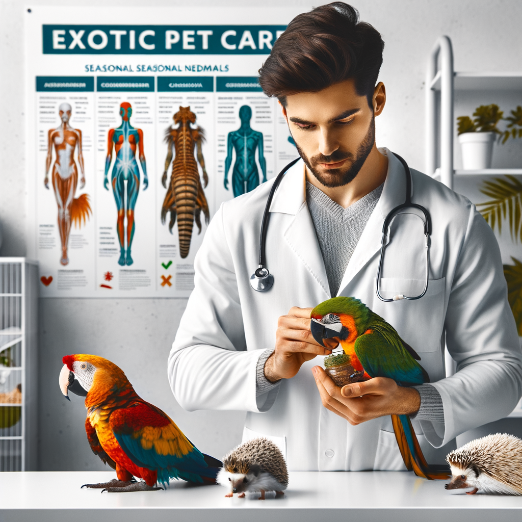 Veterinarian providing seasonal exotic pet care to a parrot, chameleon, and hedgehog in a clean clinic, emphasizing the importance of exotic animal maintenance and pet health tips for seasonal exotic pet needs.