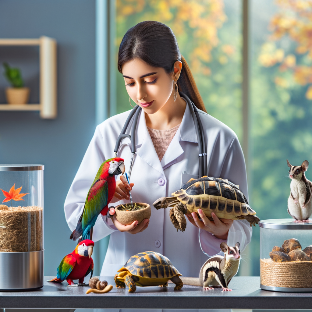 Veterinarian providing seasonal care, including diet and habitat maintenance, to exotic pets like parrots, tortoises, and sugar gliders, highlighting the impact of climate change on exotic pet health.