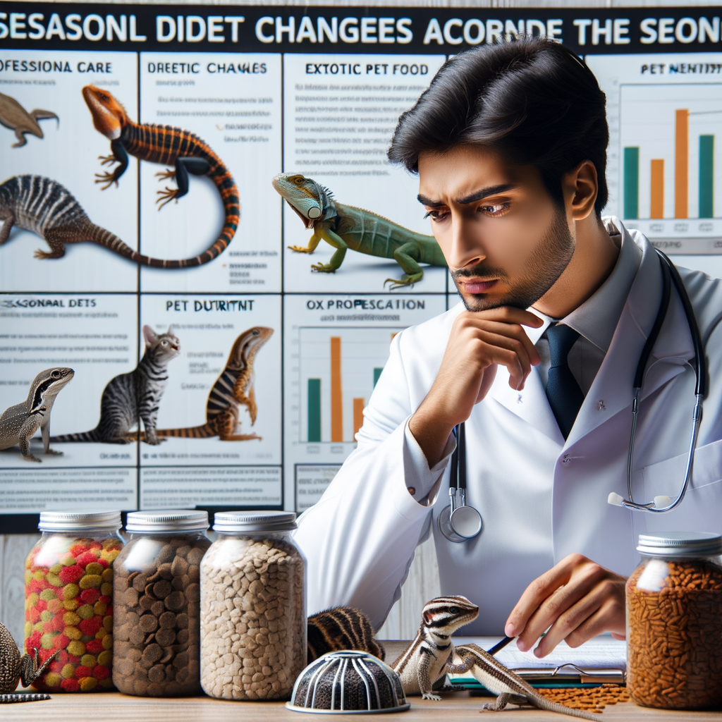 Veterinarian adjusting seasonal diet for exotic pets, showcasing variety of exotic pet food and infographics on pet nutrition by season in a clinic, emphasizing the importance of exotic pet care and health.