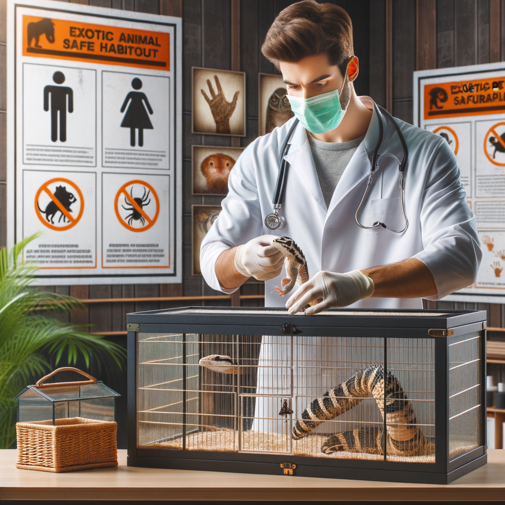 Veterinarian demonstrating exotic pet care and safety measures, creating a secure environment for pets with temperature control and locked cages, emphasizing exotic animal security and pet habitat safety.
