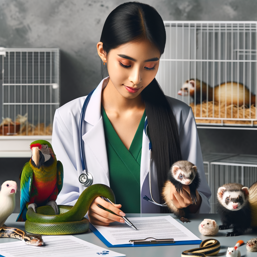 Veterinarian examining exotic pets like parrot, snake, and ferret, highlighting Exotic Pet Insurance, Furry Friend Protection, and Pet Health Insurance for comprehensive Exotic Animal Coverage.