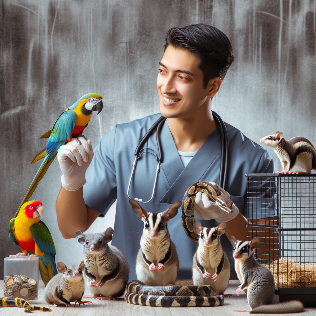 Professional pet trainer demonstrating exotic pet care and socialization tips with parrots, snakes, and sugar gliders, improving their social skills and showcasing thriving exotic pet behavior.