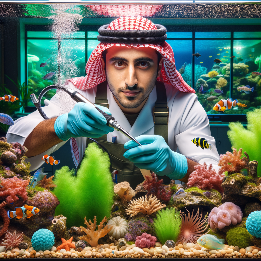 Professional aquarist demonstrating exotic fish tank maintenance and cleaning methods, emphasizing the importance of tropical fish tank care and aquarium maintenance tips.