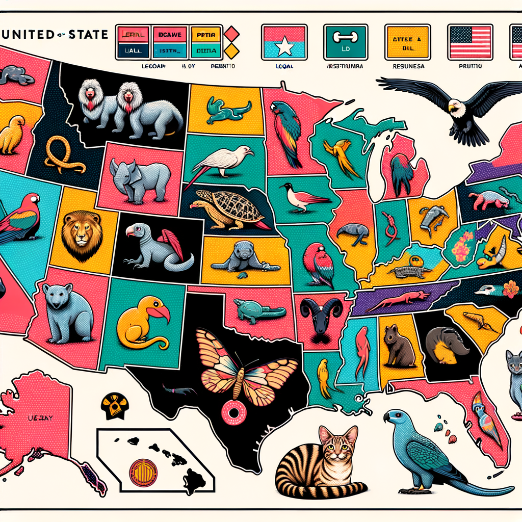 Color-coded map illustrating state-by-state exotic pet laws in the US, highlighting legalities of owning exotic pets like parrots, pythons, and sugar gliders.